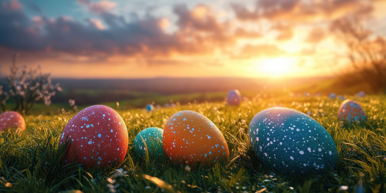 Colorful eggs resting on grass during a vibrant sunset over a serene landscape in springtime